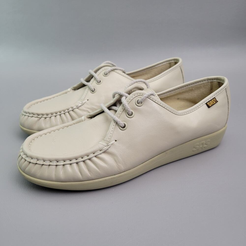SAS Siesta Loafer Womens 8.5 M Beige Leather Shoes Lace Up Wedge Casual Comfort